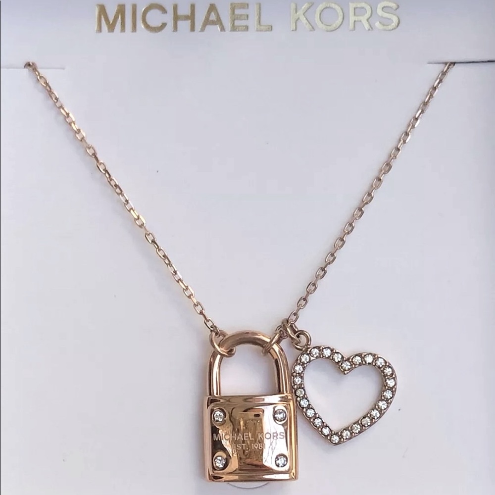 🖤 MICHAEL KORS ROSE GOLD-TONE PADLOCK CRYSTAL HEART PENDANT NECKLACE 🖤